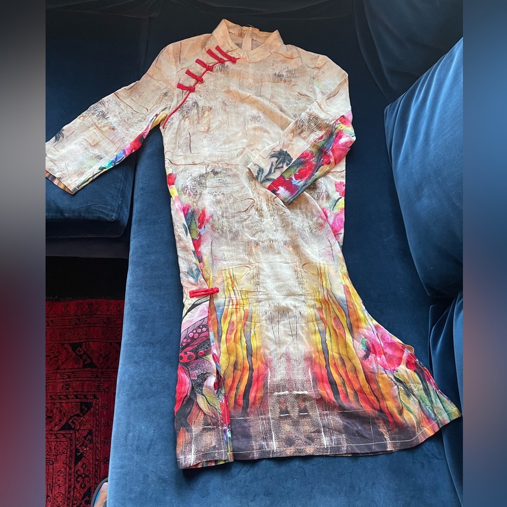 Chinese Style 100% Silk Colorful Long Sleeve Dress